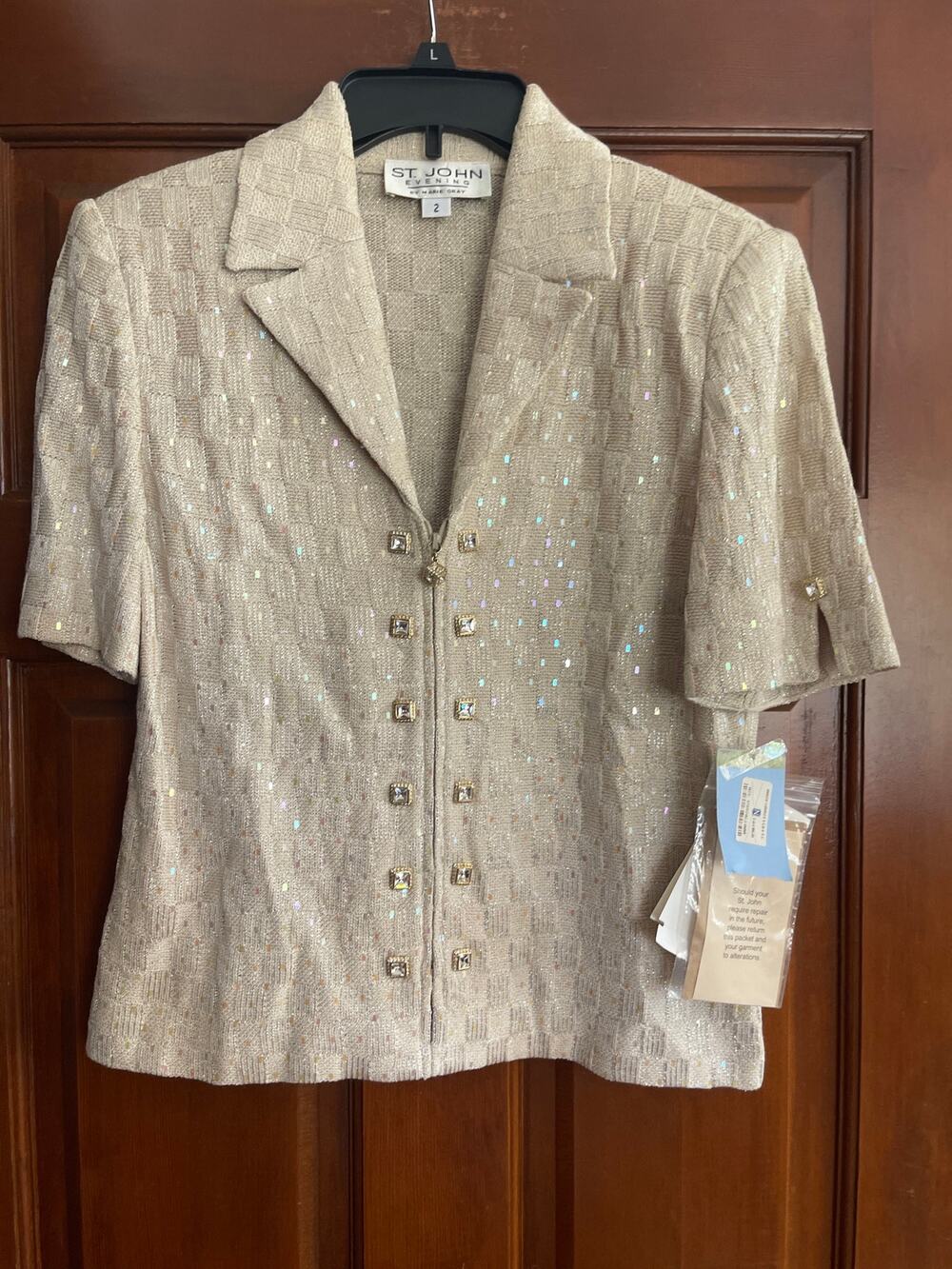 St. John Evening Marie Gray Beige Sequin Knit Short Sleeve Jacket NWT Sz 2